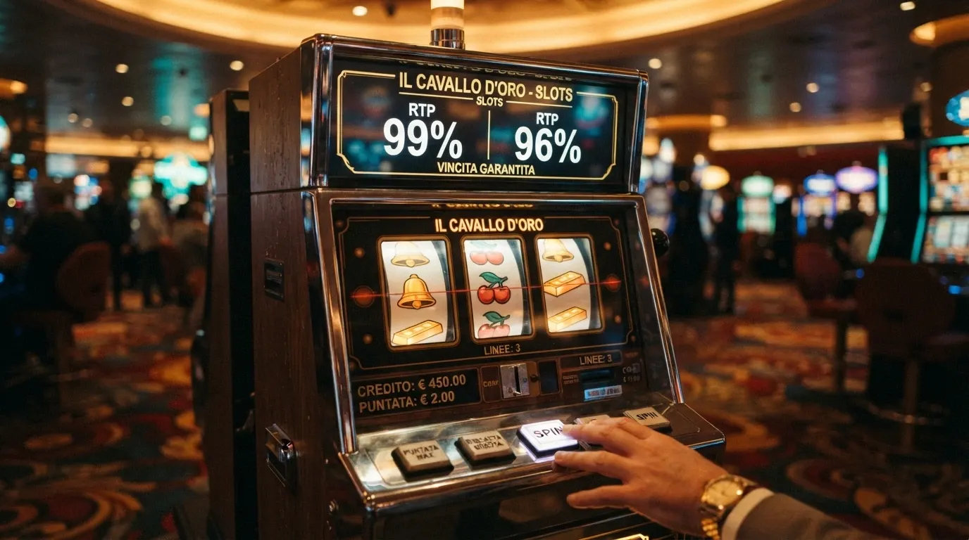 Una slot machine con la percentuale RTP in evidenza sul display e il logo del provider in basso