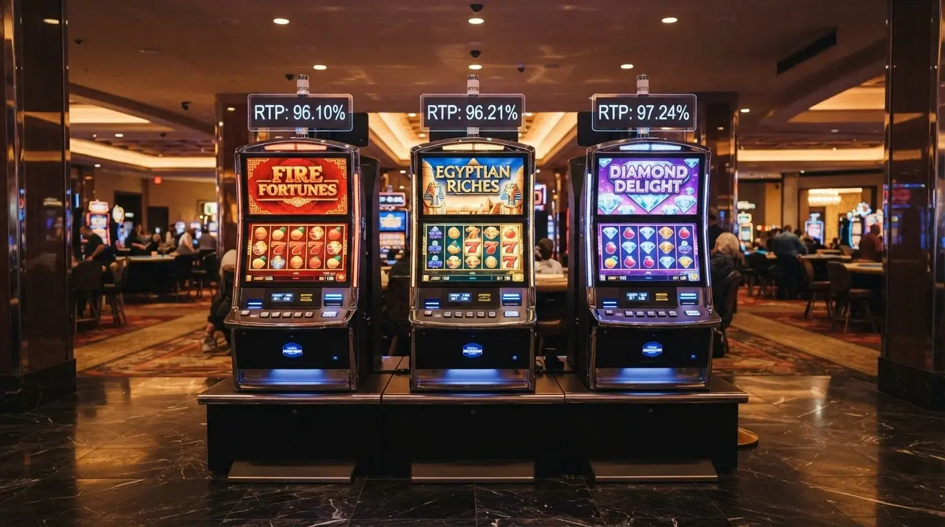 Tre slot machine affiancate con i rispettivi dati RTP in sovraimpressione (96,10%, 96,21%, 97,24%), rulli in movimento su un pavimento da casinò