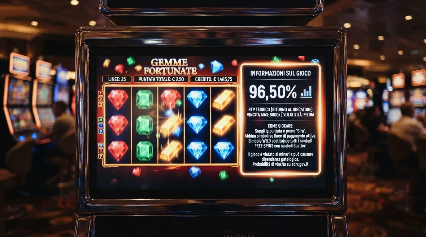 Una schermata di una slot online con il pannello delle informazioni aperto che mostra il valore RTP 96,50%