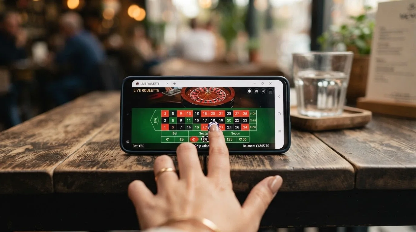 Smartphone in orizzontale con un tavolo di roulette live aperto nel browser, due dita sullo schermo per piazzare la puntata sul numero, interfaccia touch adattata