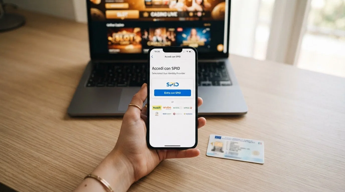 Un telefono con la schermata di login SPID aperta, accanto una carta d'identità elettronica italiana con il chip in evidenza, sullo sfondo la home page di un casinò online ADM