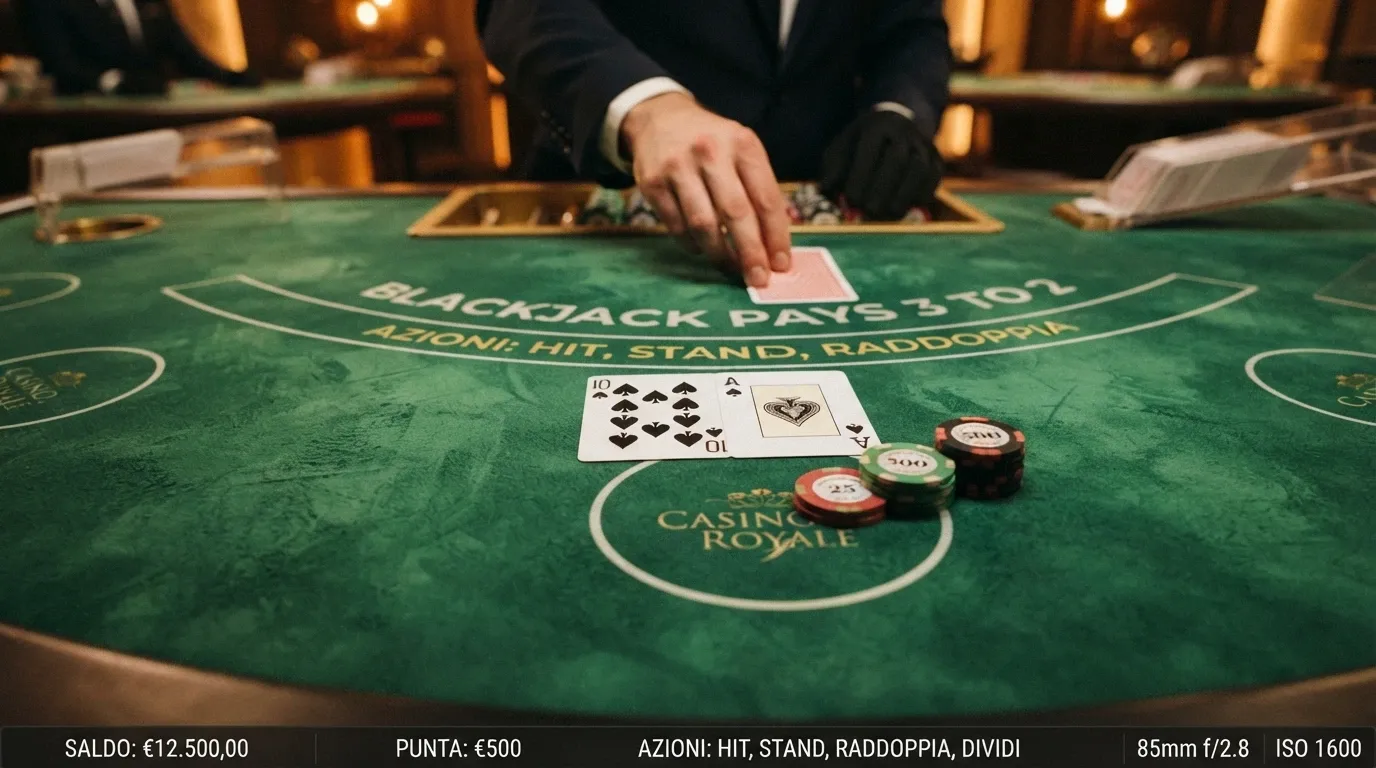 Primo piano di una mano di blackjack su un tavolo verde con carte visibili, chip impilati e interfaccia di puntata digitale sovrapposta