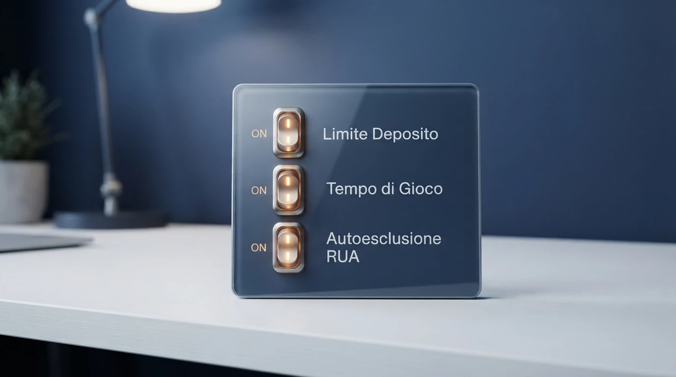 Pannello di controllo digitale con interruttori etichettati «limite deposito», «tempo di gioco» e «autoesclusione RUA», su sfondo rassicurante blu scuro.