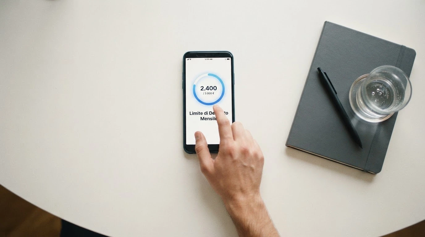 Una mano che imposta un limite su un'interfaccia di gioco, con icone che rappresentano autoesclusione, limiti di deposito e un telefono per il supporto