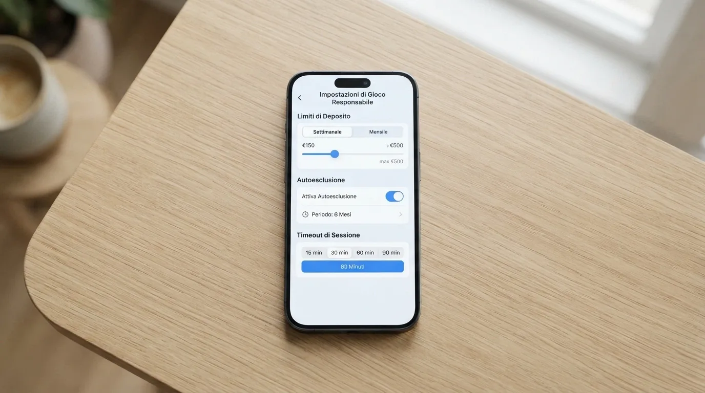 Pannello di controllo con opzioni per limite di deposito, autoesclusione e timeout di sessione