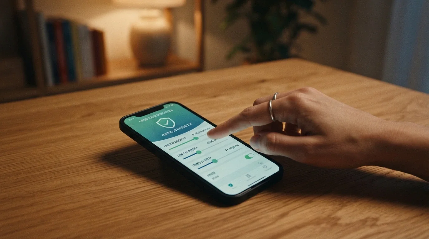 Un iPhone che mostra una schermata di impostazioni con i controlli di limite di deposito, tempo e autoesclusione, un'icona a forma di scudo e una mano che regola uno slider