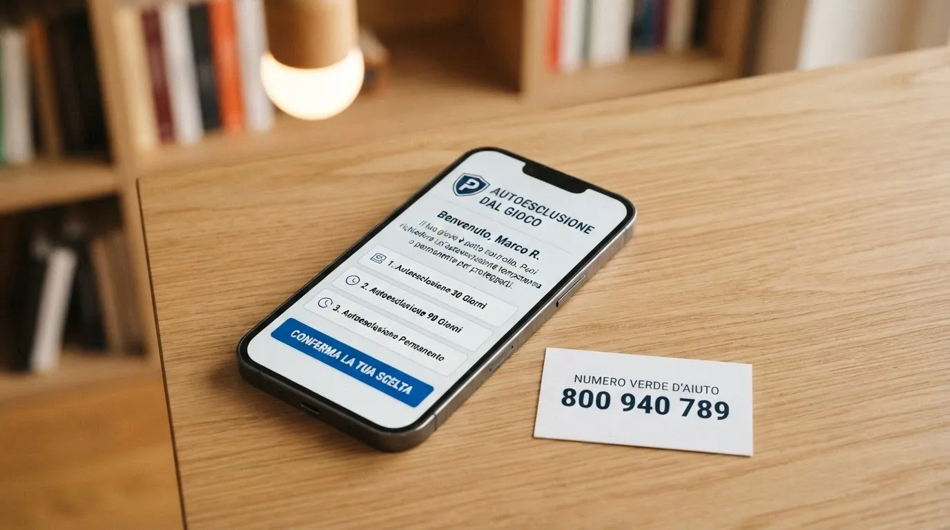 Smartphone con la schermata del portale adm.gov.it per l'autoesclusione, affiancato da un biglietto con il numero verde 800 940 789