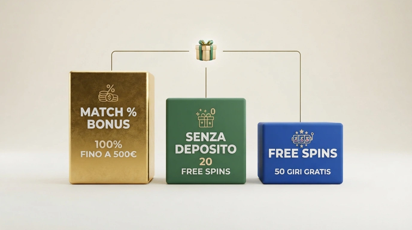 Diagramma a tre blocchi che scompone visivamente un bonus di benvenuto: percentuale match, componente senza deposito e free spins, con etichette in italiano.