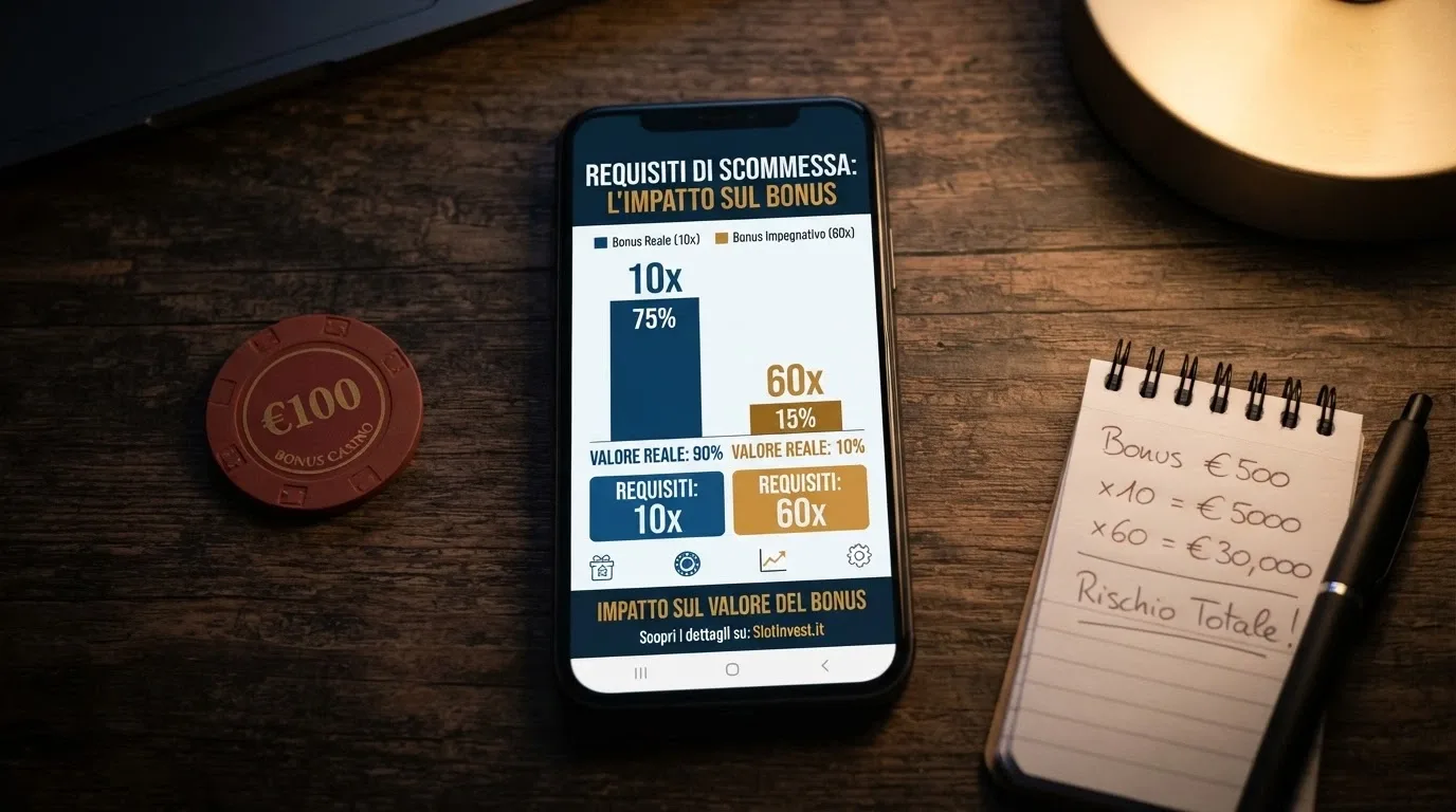Un close-up del dettaglio dei requisiti di puntata sullo schermo di un casinò online, con numeri e percentuali a confronto