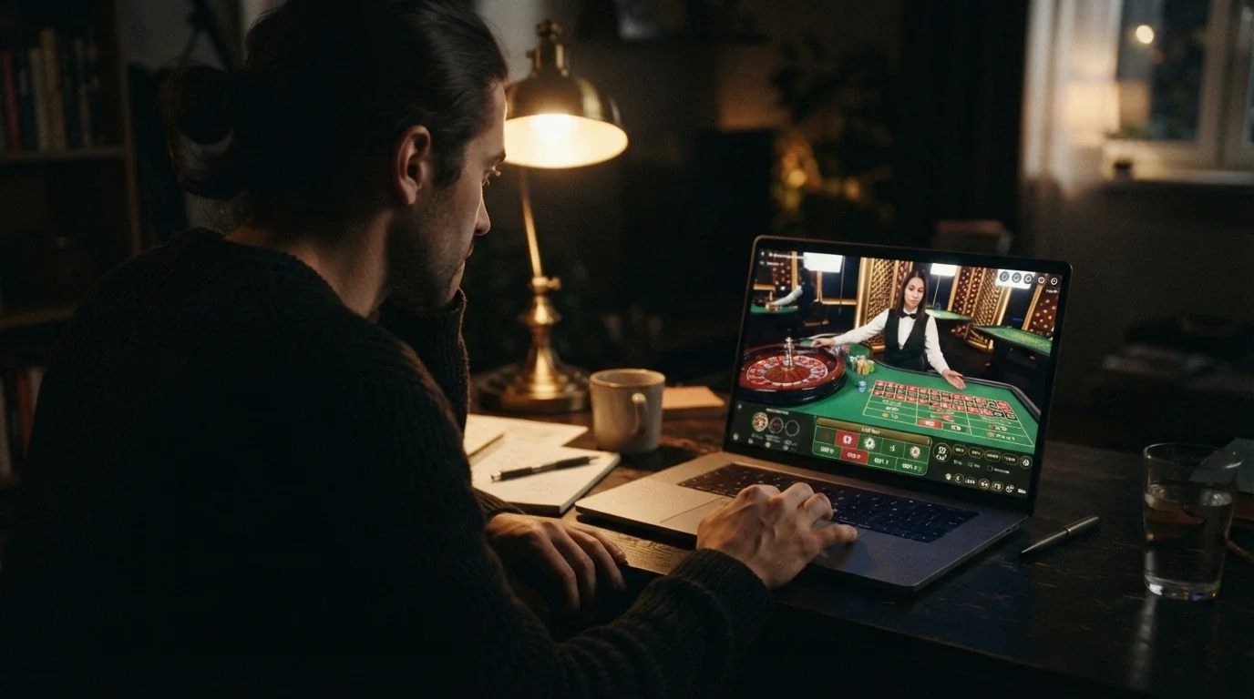 Un croupier dal vivo in smoking dietro un tavolo da roulette in uno studio professionale, con l'interfaccia di puntata di un casinò live visibile in sovrimpressione