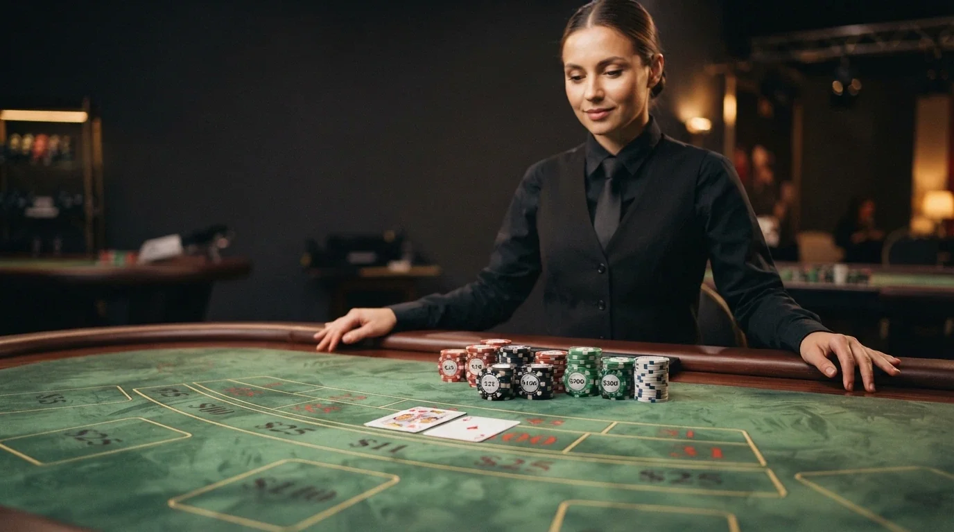 Un tavolo da live casino con dealer in uniforme, primo piano delle puntate alte sul tavolo verde