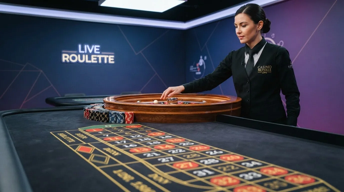 Un tavolo da roulette dal vivo con un dealer professionale inquadrato in uno studio di casinò, sovrapposizione grafica con la dicitura «bonus live»
