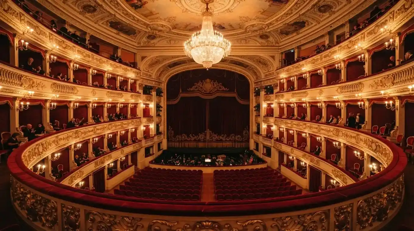 Interno del Teatro dell'Opera del Casinò di Sanremo con platea in velluto rosso, palchi dorati e lampadario di cristallo