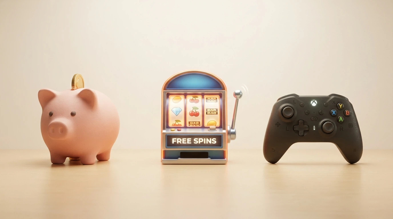 Tre icone stilizzate che rappresentano le tipologie di bonus: un salvadanaio per il Fun Bonus, una slot machine per i Free Spins e un controller per il Game Bonus