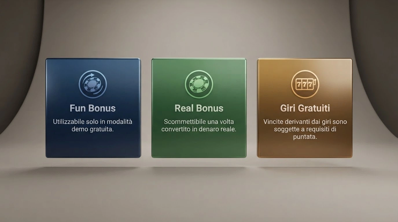 Tre riquadri affiancati con etichette Fun Bonus, Real Bonus e Giri Gratuiti, ciascuno con un'icona e una regola chiave