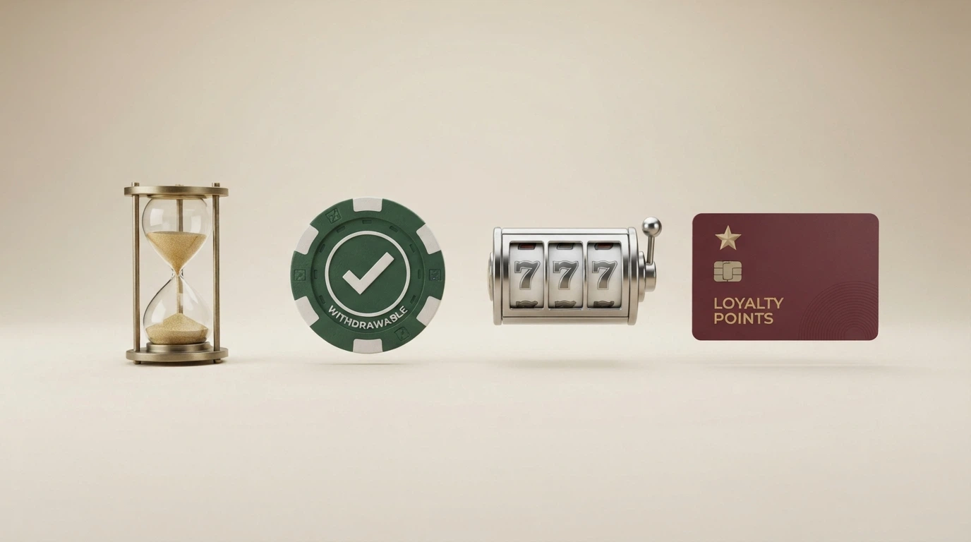 Quattro icone affiancate che rappresentano i formati del bonus: una clessidra (Fun Bonus a scadenza), una moneta con il segno di spunta (Real Bonus prelevabile), una slot machine (free spin), e una carta fedeltà (punti)