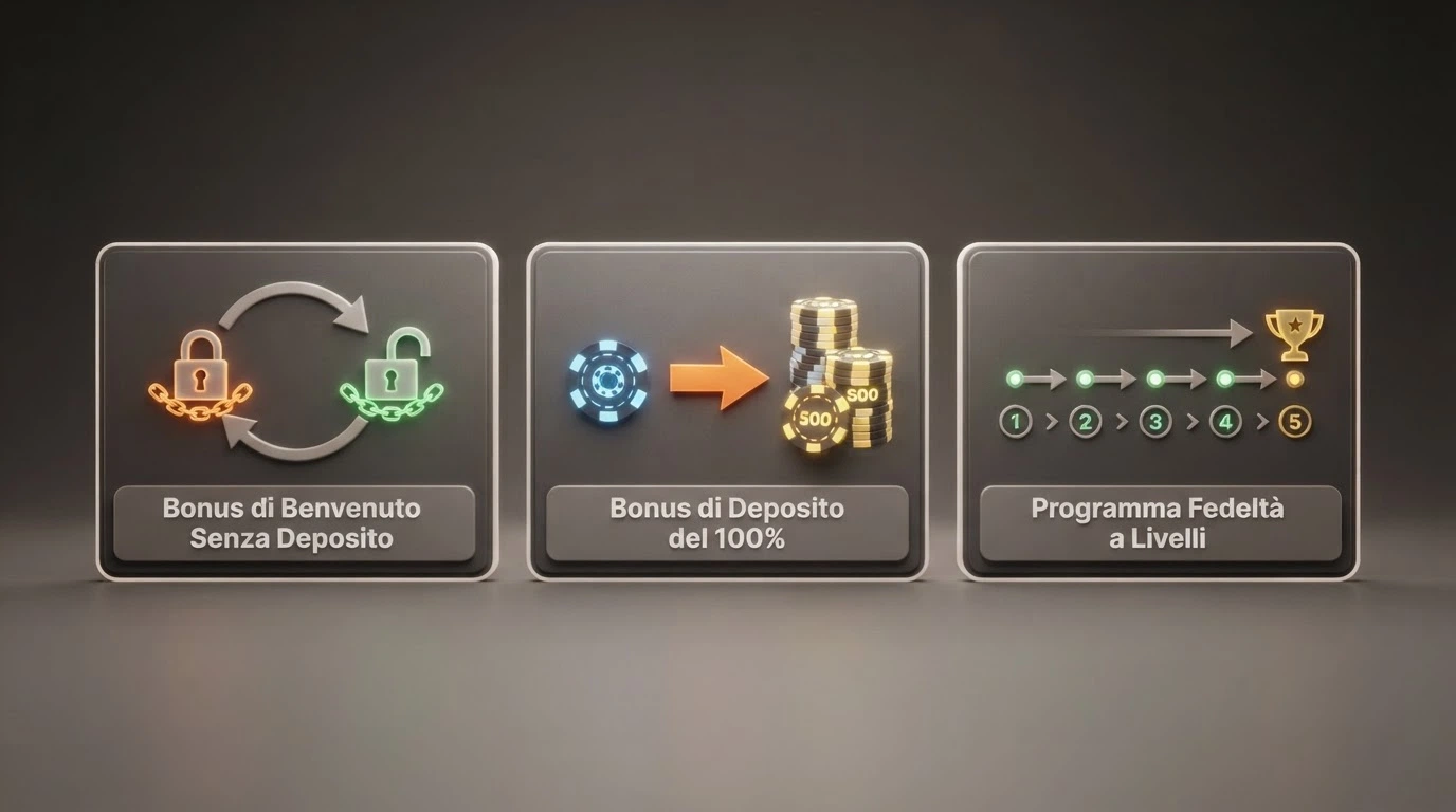 Tre riquadri affiancati con icone distinte per Fun Bonus, Real Bonus e Play Bonus, ciascuno con il proprio percorso di conversione visualizzato come un diagramma a frecce