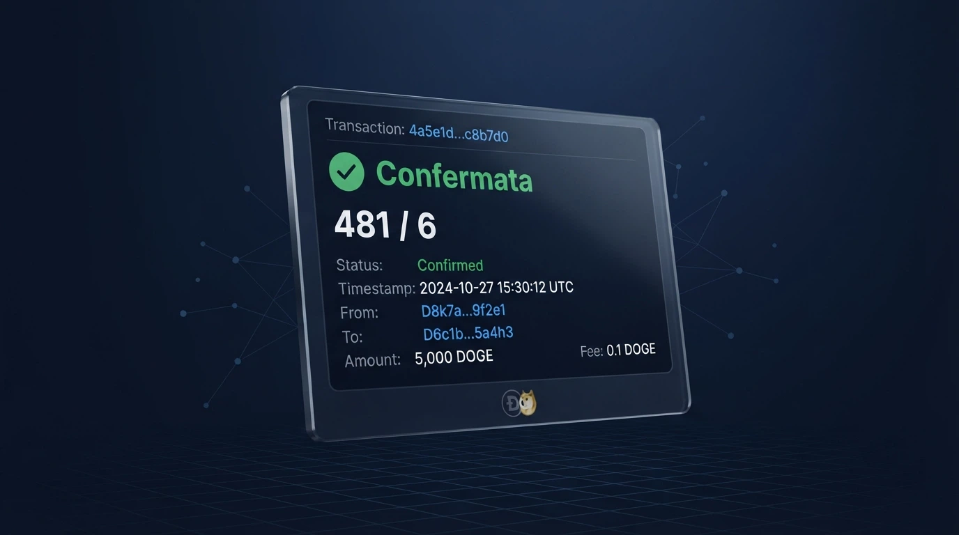 Schermata di un block explorer Dogecoin con una transazione confermata e il numero di conferme in evidenza