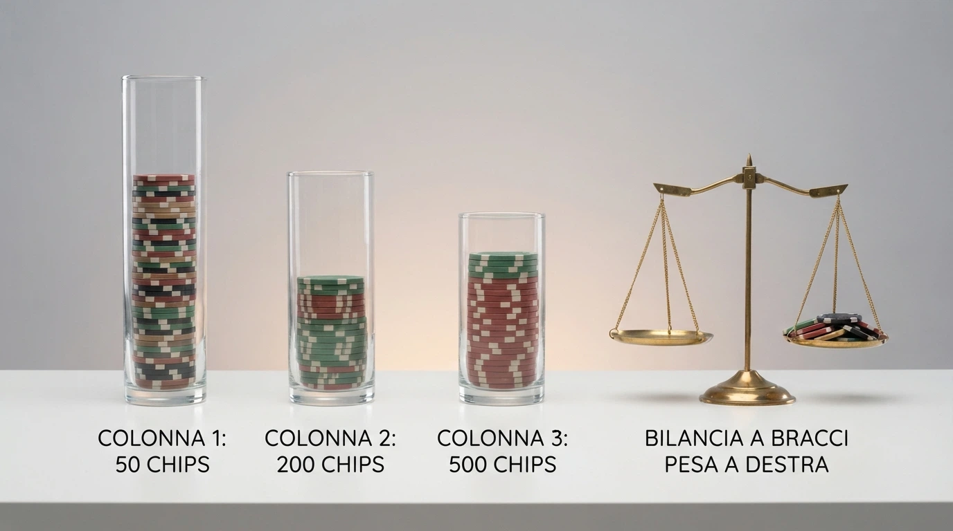 Tre pile di monete di altezza diversa etichettate 50 giri, 200 giri, 500 giri, con una bilancia che confronta il valore reale convertito in euro.