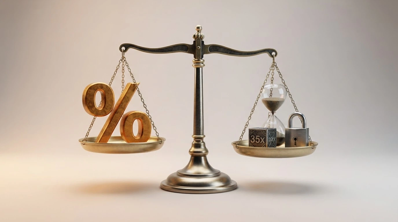 Una bilancia a due piatti: su uno la percentuale «500%» in grande, sull'altro tre elementi più piccoli ma decisivi — clessidra, moltiplicatore «35x» e lucchetto