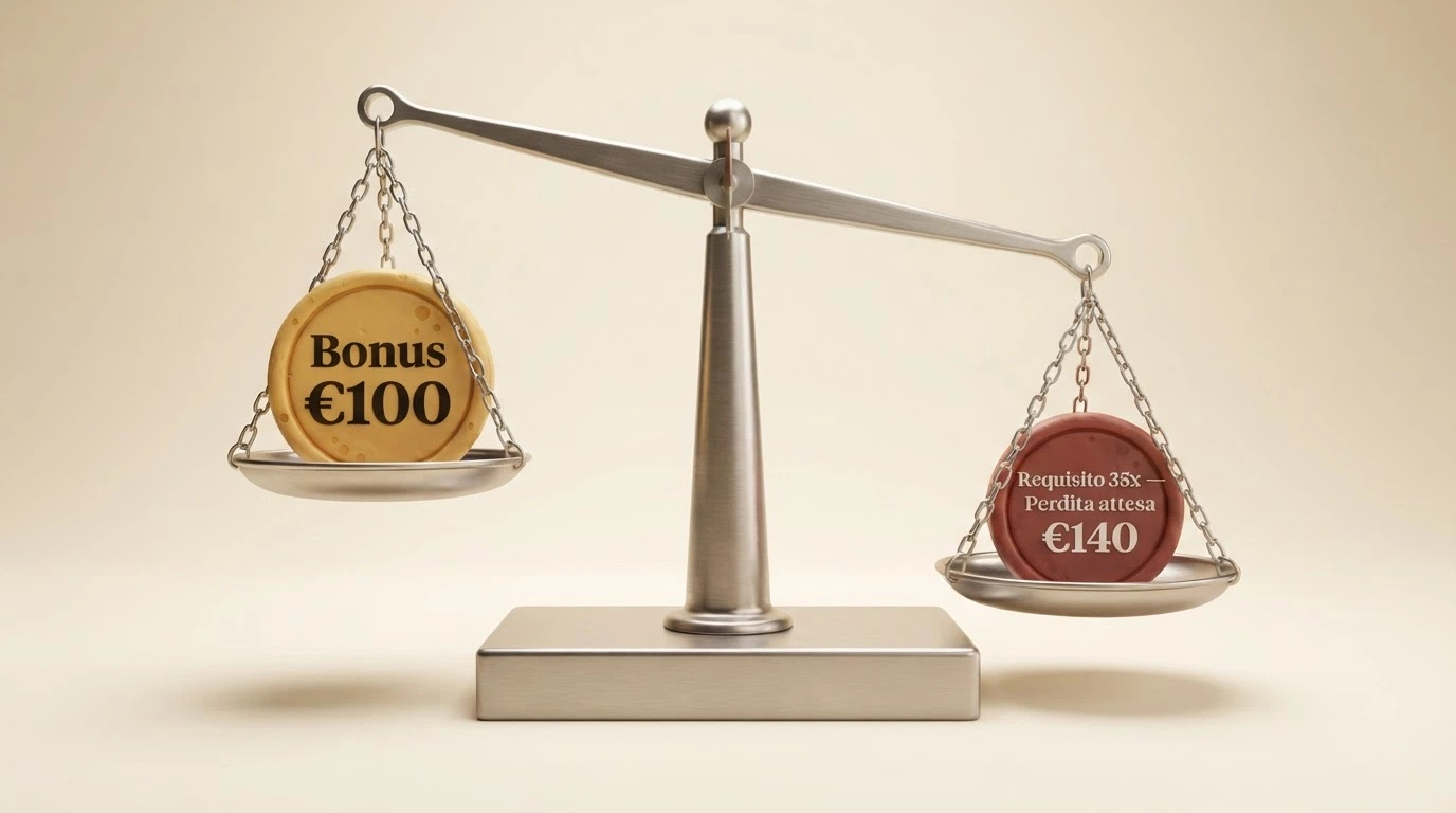 Bilancia stilizzata con su un piatto la scritta «Bonus €100» e sull'altro «Requisito 35x — Perdita attesa €140»