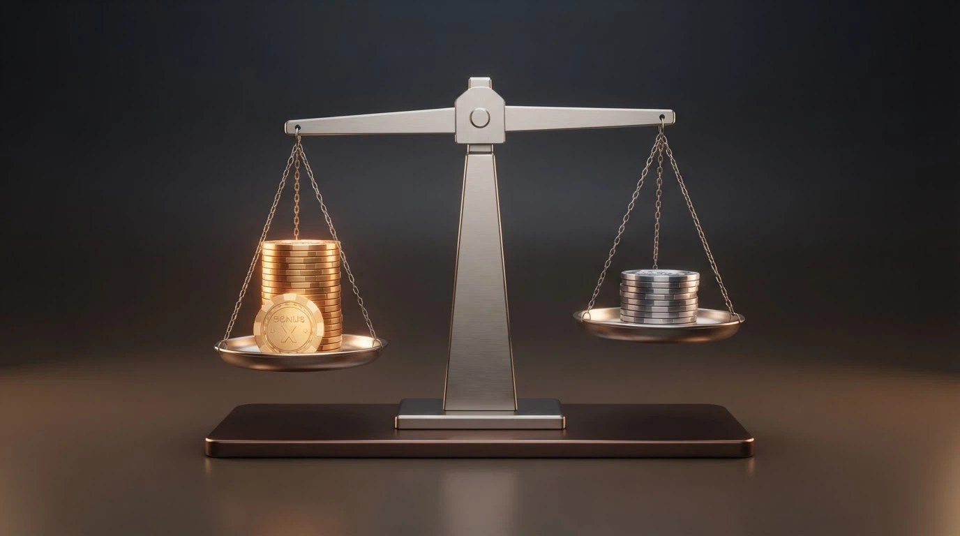 Una bilancia stilizzata con da un lato una pila di monete simboliche (vincite lorde) e dall'altro una pila più piccola (vincite nette dopo wagering e cap)