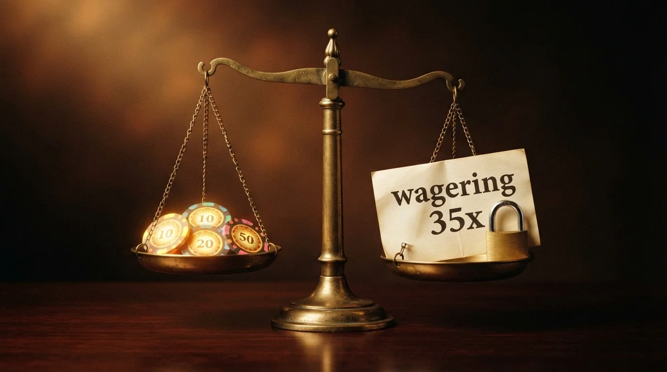 Una bilancia a due piatti: sul piatto sinistro 70 monete luminose, sul destro un foglio con la scritta «wagering 35x» e un lucchetto