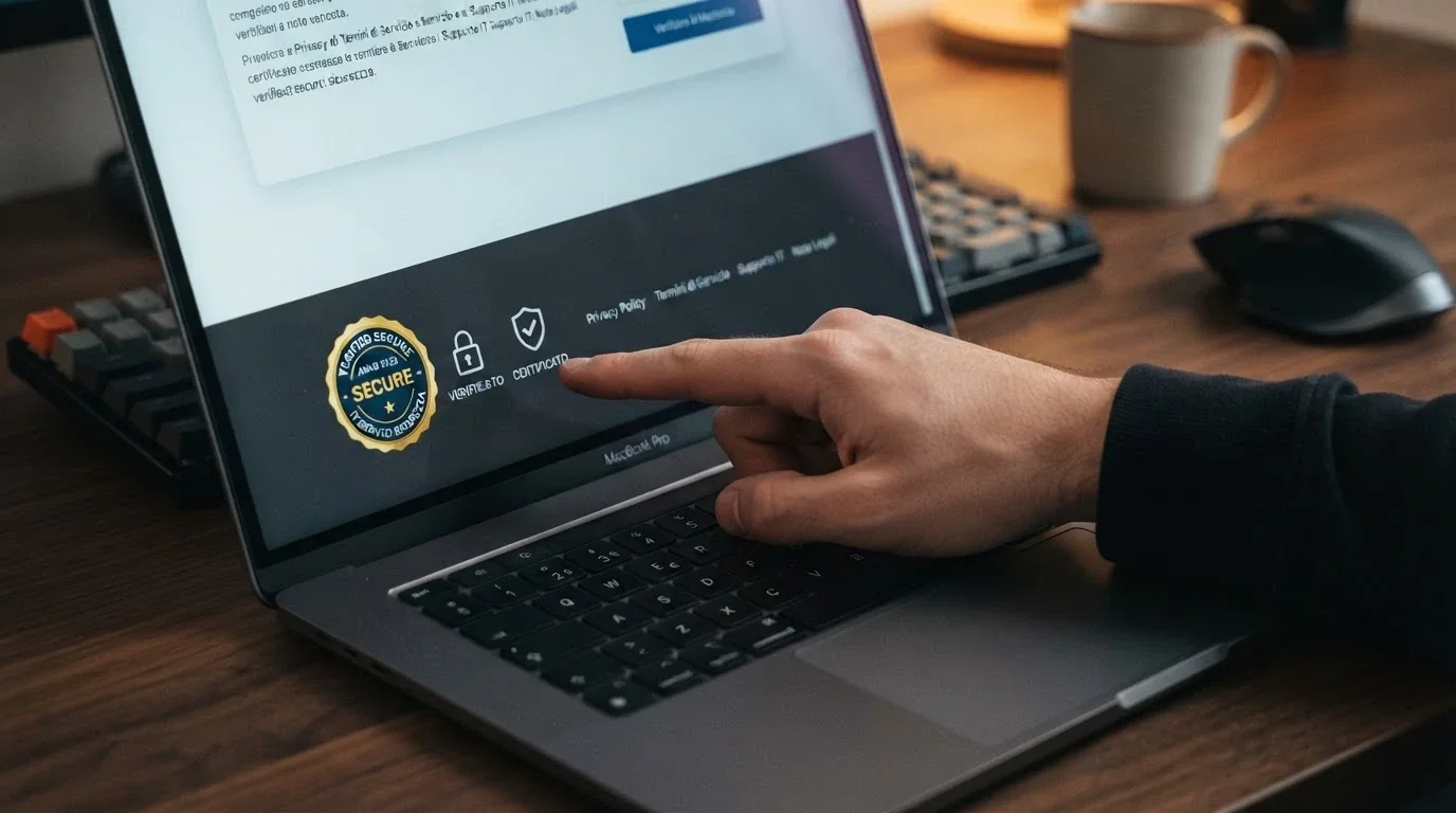 Particolare del piè di pagina di un casinò online con sigillo della licenza Curaçao, icona del lucchetto SSL e logo di un ente di certificazione RNG