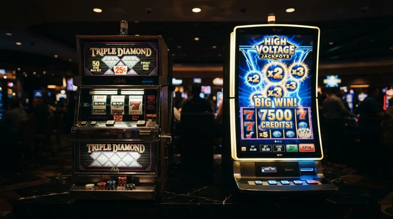 Due slot machine affiancate: a sinistra una classica con pochi rulli e vincite piccole ma regolari, a destra una video slot moderna con moltiplicatori e vincite rare