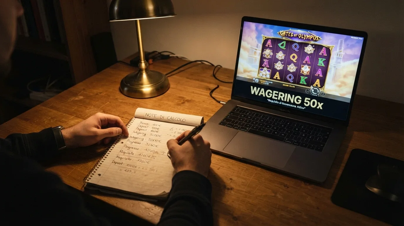 Una calcolatrice appoggiata accanto a uno schermo che mostra una slot con la scritta «wagering 50x» in evidenza, su uno sfondo da scrivania con luce calda