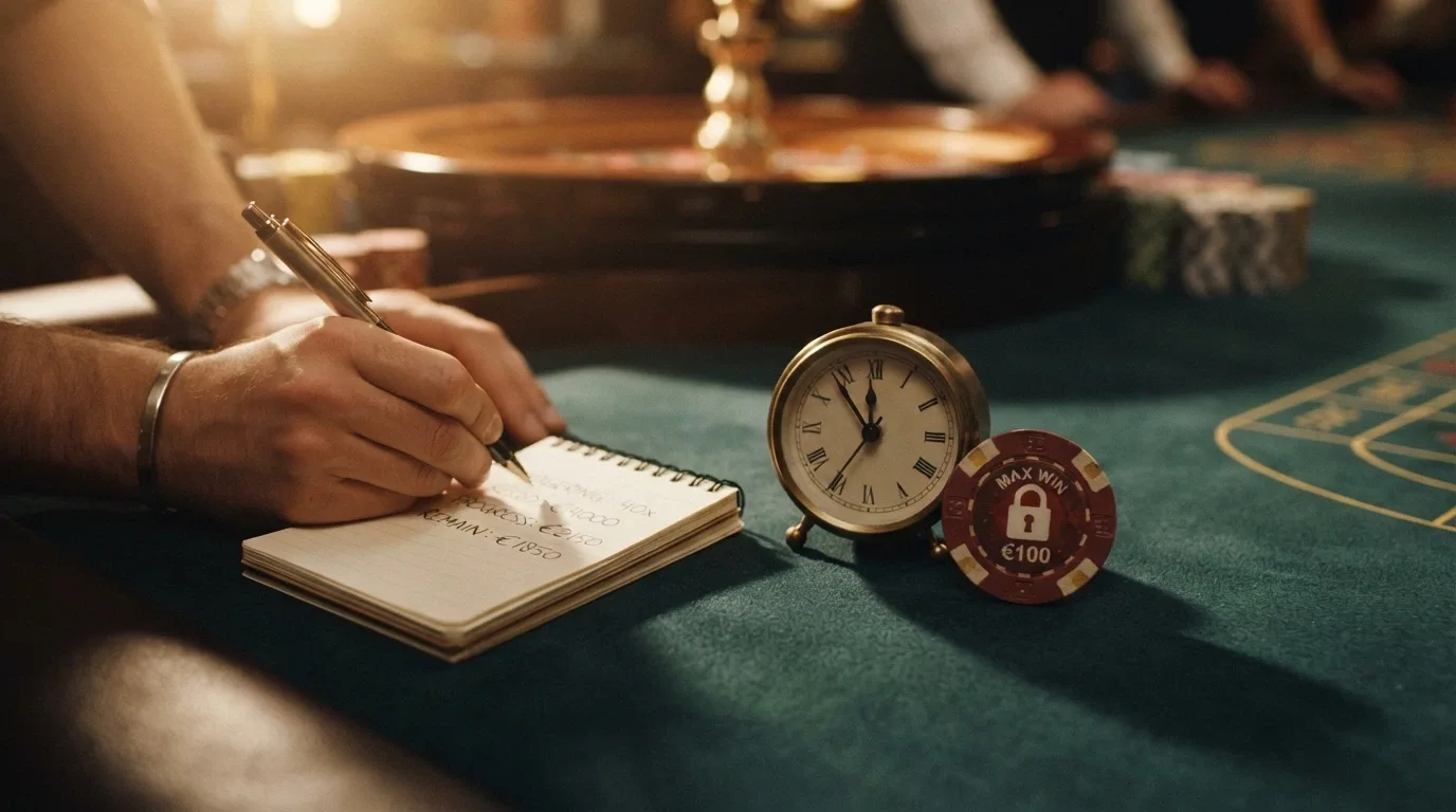 Una calcolatrice accanto a un orologio e a un salvadanaio chiuso da un lucchetto, su uno sfondo da casinò